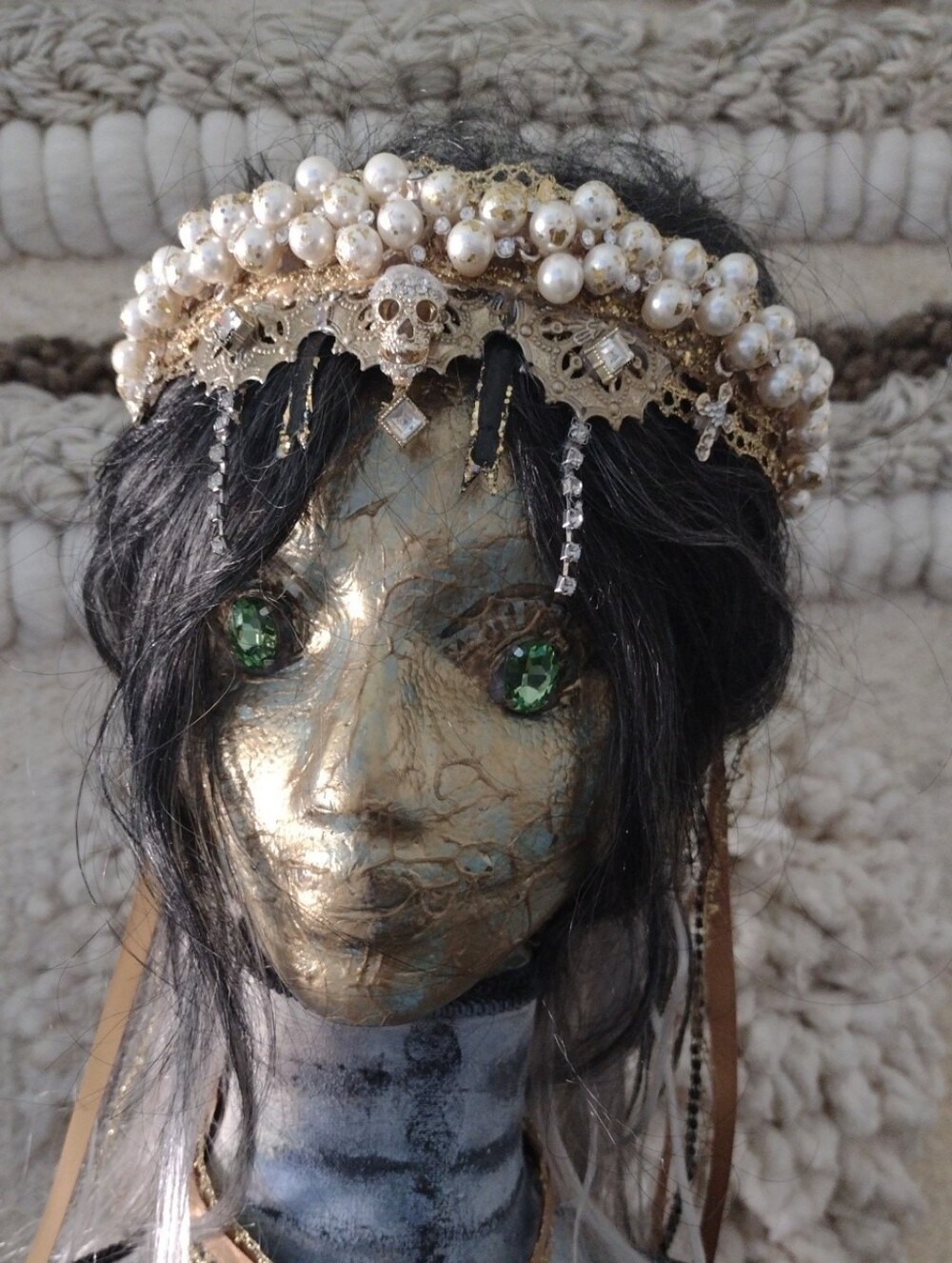 Handcrafted Pearl & Gold Skull Headband in Cream and Gold